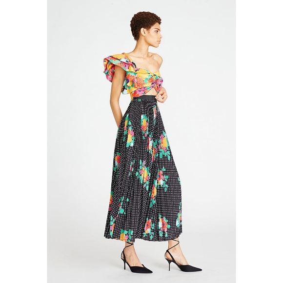 Amur Cleopatra Patchwork Floral Cut Out Pleated Ruffle Midi Dress - Picture 3 of 5